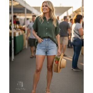 Jessica Simpson Women's Short Sleeve‎ Gauze Top Green Size Large NWOT Blouse